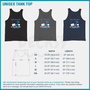 May include: Three tank tops in black, gray, and navy blue with a graphic of a kiwi bird and the text "New Zealand is calling and I must go". A size chart shows the width and length of the tank tops in inches and centimeters.