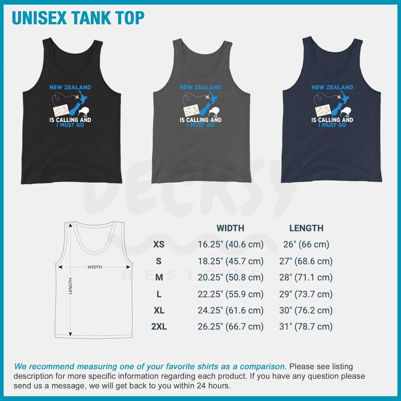 May include: Three tank tops in black, gray, and navy blue with a graphic of a kiwi bird and the text "New Zealand is calling and I must go". A size chart shows the width and length of the tank tops in inches and centimeters.