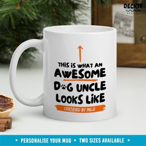 May include: White ceramic mug with a black and orange design. The text on the mug reads "This is what an awesome dog uncle looks like. Certified by Milo."