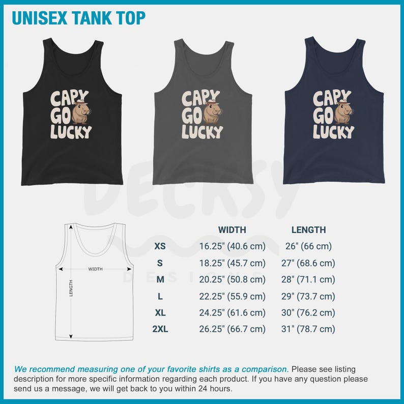 May include: A unisex tank top with a graphic of a capybara wearing a hat and the text "CAPY GO LUCKY". The tank top is available in black, gray, and navy blue. The size chart shows the width and length measurements in inches and centimeters.