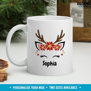 Reindeer Face Mug, Custom Christmas Mug, Personalised Reindeer Mug, Holiday Coffee Mug, Funny Xmas Mug, Gift for Grandchild, Name Coffee Cup image 5