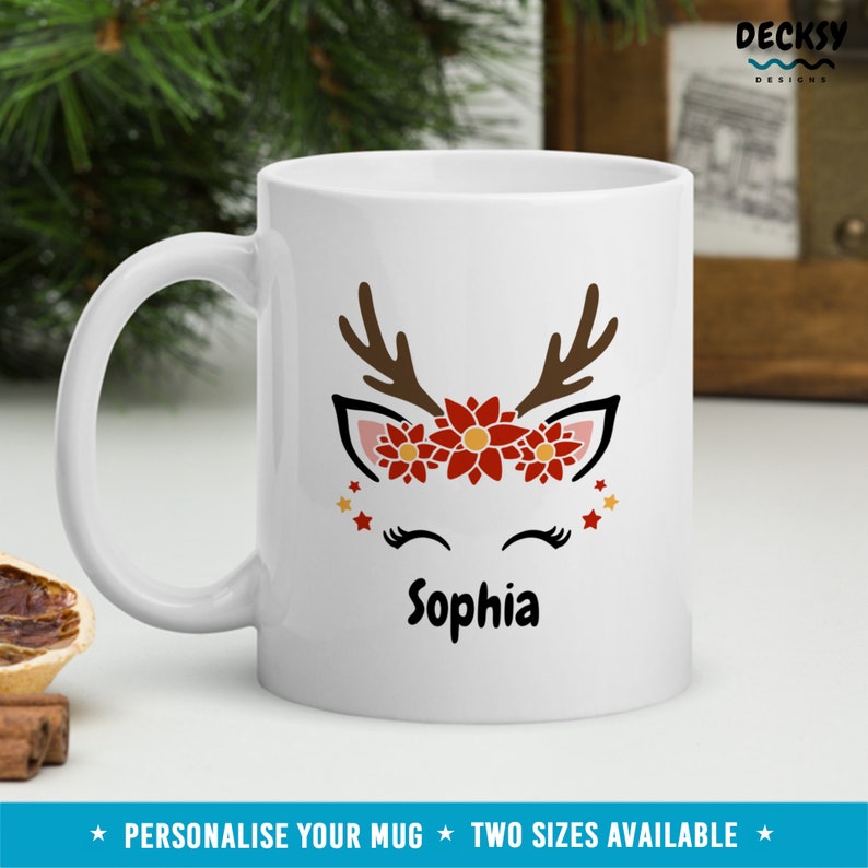 Reindeer Face Mug, Custom Christmas Mug, Personalised Reindeer Mug, Holiday Coffee Mug, Funny Xmas Mug, Gift for Grandchild, Name Coffee Cup image 5