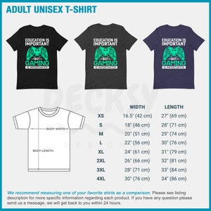 K&ouml;nnte beinhalten: Ein schwarzes, dunkel-meliertem grau und marineblaues Unisex-T-Shirt mit einer gr&uuml;nen Videospiel-Controller-Grafik und dem Text "Bildung ist wichtig, aber Gaming ist wichtiger". Das T-Shirt ist in den Gr&ouml;&szlig;en XS bis 4XL erh&auml;ltlich. Eine Gr&ouml;&szlig;entabelle mit Ma&szlig;en in Zoll und Zentimetern ist enthalten.