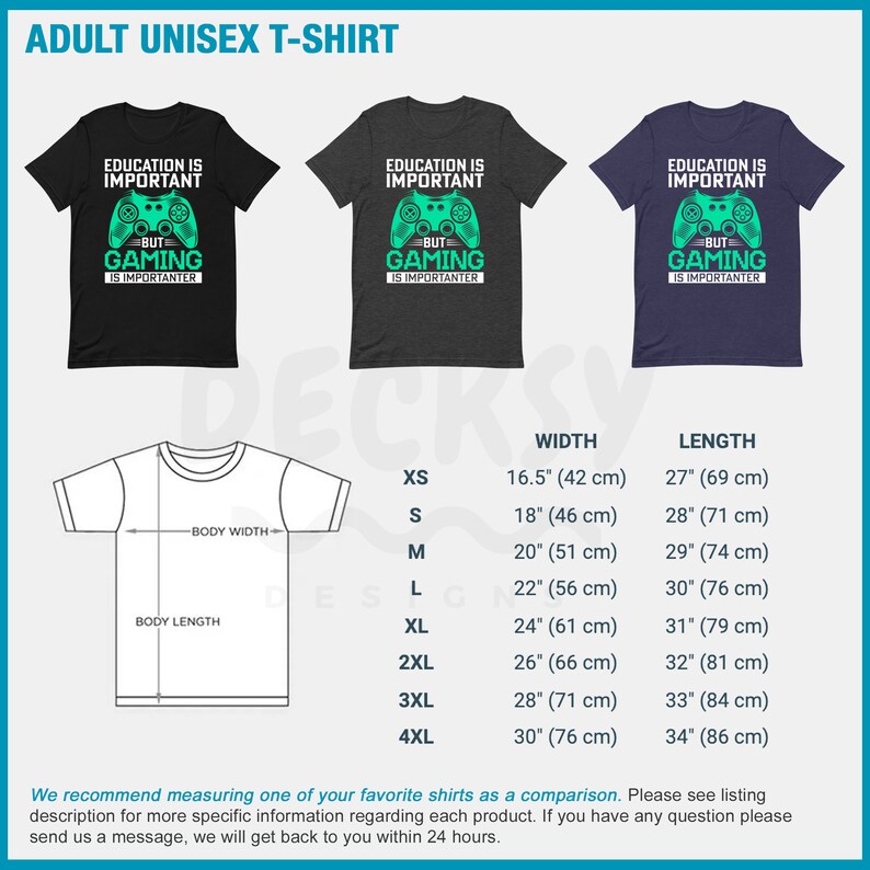 K&ouml;nnte beinhalten: Ein schwarzes, dunkel-meliertem grau und marineblaues Unisex-T-Shirt mit einer gr&uuml;nen Videospiel-Controller-Grafik und dem Text "Bildung ist wichtig, aber Gaming ist wichtiger". Das T-Shirt ist in den Gr&ouml;&szlig;en XS bis 4XL erh&auml;ltlich. Eine Gr&ouml;&szlig;entabelle mit Ma&szlig;en in Zoll und Zentimetern ist enthalten.