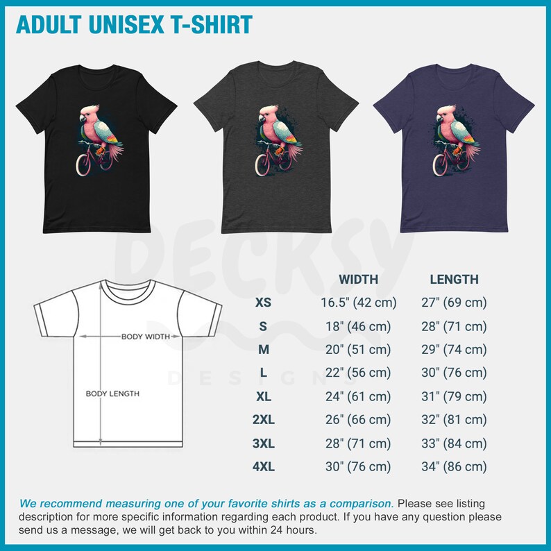 May include: A black, grey, and blue unisex t-shirt with a pink cockatoo riding a bicycle graphic. The t-shirt is available in sizes XS to 4XL. The size chart shows the width and length of each size in inches and centimeters.