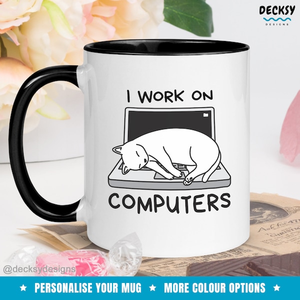 Cat And Computer Mug, Funny Coworker Gifts, Cat Lover Gift Idea, Cute Cat Dad Mug, Custom Cat Owner Mug, Personalised Computer Cat Mom Mug