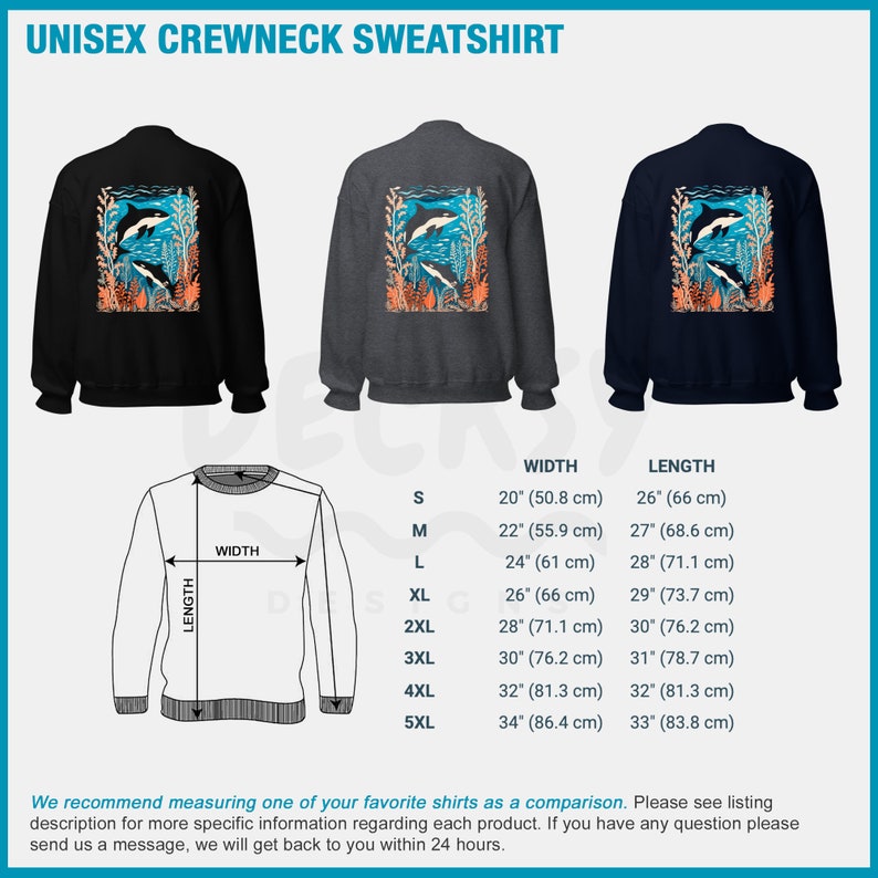 May include: A unisex crewneck sweatshirt with a graphic of two orcas swimming in a kelp forest. The sweatshirt is available in black, gray, and navy blue. The size chart shows the width and length of the sweatshirt in inches and centimeters.