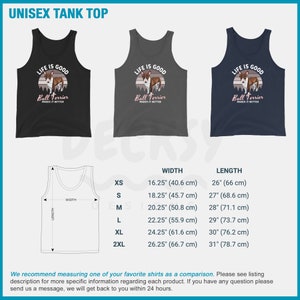 May include: A unisex tank top with a black, gray, and navy blue color scheme. The tank top features a graphic of a bull terrier dog with the text "Life is good, Bull Terrier makes it better". The tank top is available in sizes XS to 2XL. The size chart shows the width and length of the tank top in inches and centimeters.