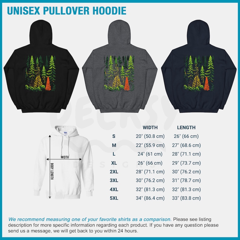 May include: Unisex pullover hoodie with a forest scene print. The hoodie is available in black, gray, and navy blue. The size chart shows the width and length of the hoodie in inches and centimeters.
