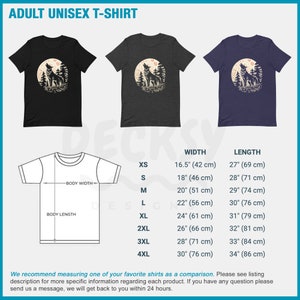 May include: A unisex t-shirt with a wolf howling at the moon graphic. The shirt is available in black, heather grey, and navy blue. The size chart shows the width and length of the shirt in inches and centimeters.