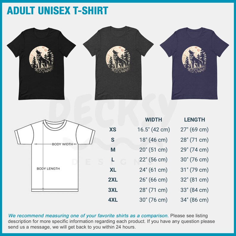 May include: A unisex t-shirt with a wolf howling at the moon graphic. The shirt is available in black, heather grey, and navy blue. The size chart shows the width and length of the shirt in inches and centimeters.