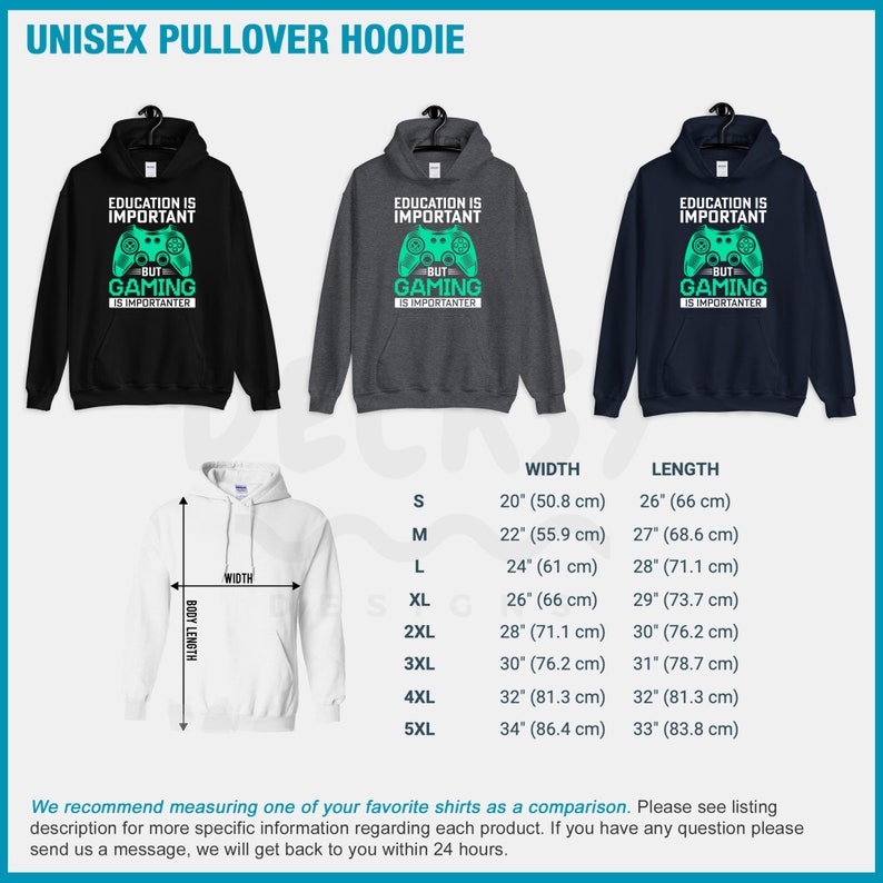 K&ouml;nnte beinhalten: Ein Unisex-Pullover-Hoodie mit einer gr&uuml;nen Gamepad-Grafik und dem Text "Bildung ist wichtig, aber Gaming ist wichtiger". Der Hoodie ist in Schwarz, Grau und Marineblau erh&auml;ltlich. Gr&ouml;&szlig;entabelle mit Breite und L&auml;nge in Zoll und Zentimetern.