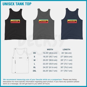 May include: Unisex tank top with a retro-style graphic of a surfer riding a wave. The graphic features a progression of stick figures evolving into a surfer. The tank top is available in black, gray, and navy blue. The size chart shows the width and length of the tank top in inches and centimeters.