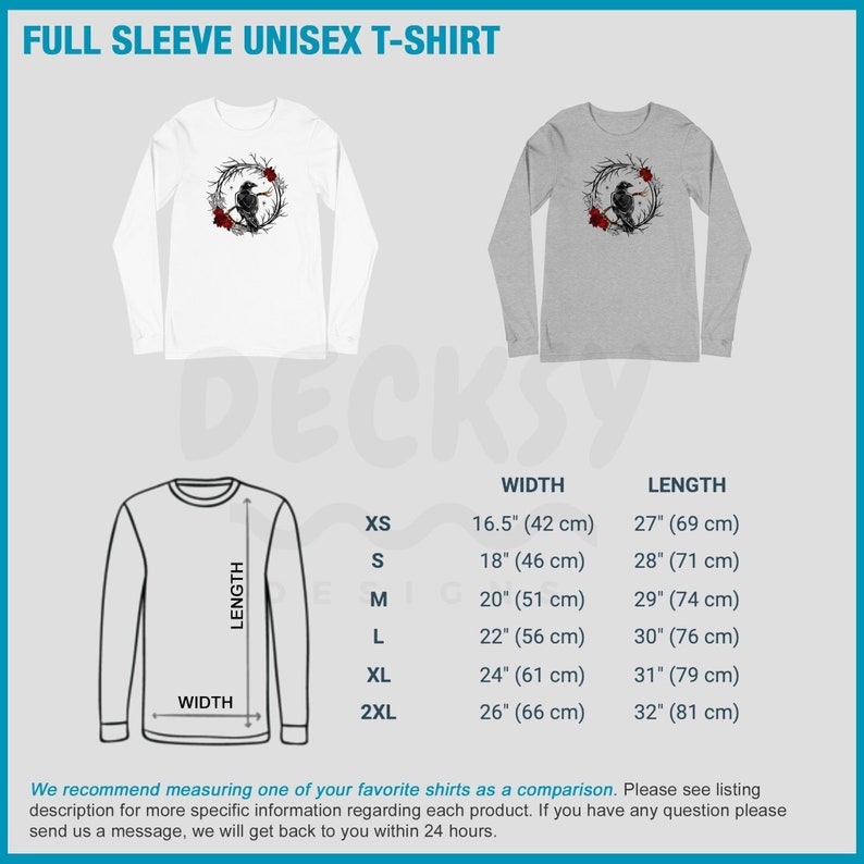 May include: White and gray long-sleeve unisex t-shirts with a crow and rose design. The shirts have a crew neck and are available in sizes XS to 2XL. Measurements are provided in inches and centimeters.