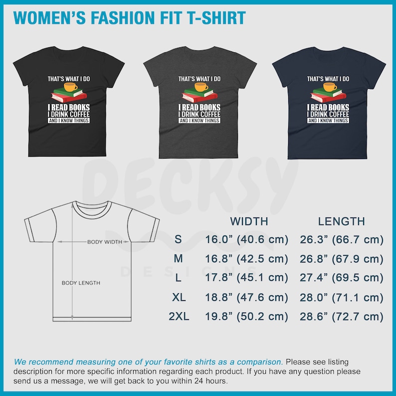 May include: A size chart for women's t-shirts with measurements in inches and centimeters. The chart shows the width and length of the shirts in sizes S, M, L, XL, and 2XL.