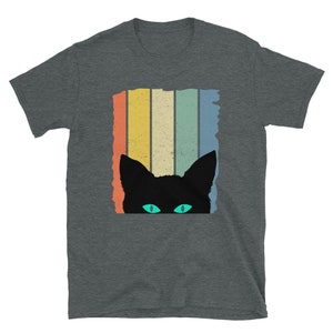 May include: A dark gray t-shirt with a retro-style rainbow design and a black cat peeking out from behind it. The cat has bright green eyes.