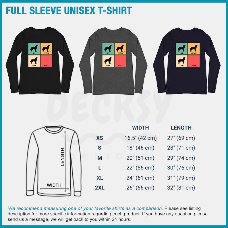 Op de afbeelding: Een zwart, grijs en donkerblauw longsleeve t-shirt met een retro-stijl grafische afbeelding van een hond met de woorden "Sit", "Fetch", "Come" en "Stay". Het t-shirt is verkrijgbaar in de maten XS-2XL. De maattabel toont de breedte en lengte van het t-shirt in inches en centimeters.