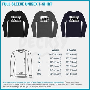 May include: A black, heather grey, and navy blue long-sleeved t-shirt with the text "Straight Outta Home Office" printed on the front. The t-shirt is available in sizes XS-2XL. The size chart shows the width and length of the t-shirt in inches and centimetres.