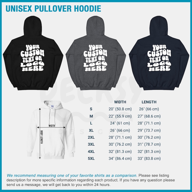 May include: Three unisex pullover hoodies in black, gray, and navy blue. The hoodies feature a white graphic with the text "Your Custom Text or Logo Here". A size chart is included with measurements in inches and centimeters.