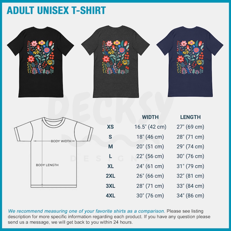 May include: A unisex t-shirt with a floral print in shades of red, orange, yellow, green, blue, and pink. The shirt is available in black, dark grey, and navy blue. The size chart shows the width and length of the shirt in inches and centimeters.