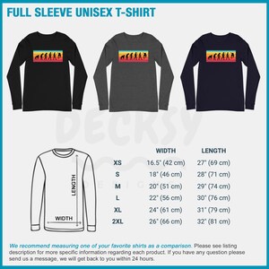 May include: Three long-sleeve unisex t-shirts in black, charcoal, and navy blue. Each shirt features a retro-style graphic of human evolution. The image also includes a size chart with measurements in inches and centimeters.