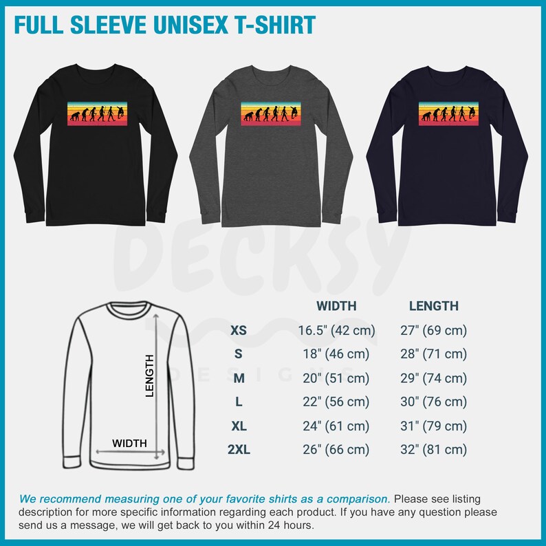 May include: Three long-sleeve unisex t-shirts in black, charcoal, and navy blue. Each shirt features a retro-style graphic of human evolution. The image also includes a size chart with measurements in inches and centimeters.