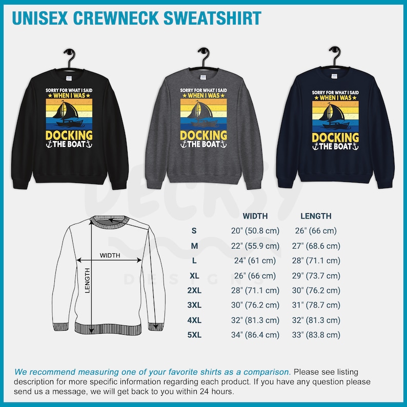 May include: A unisex crewneck sweatshirt with a vintage sunset graphic and the text "Sorry for what I said when I was docking the boat". The sweatshirt is available in black, grey, and navy blue. Size chart with width and length measurements in inches and centimeters.