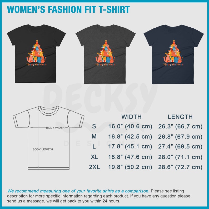 May include: A size chart for a women's t-shirt with a Christmas cat design. The chart shows the width and length of the shirt in inches and centimeters for sizes S, M, L, XL, and 2XL.
