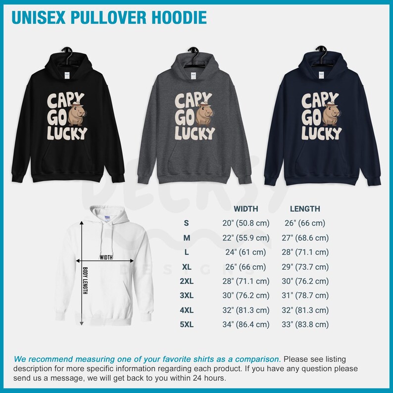 May include: A unisex pullover hoodie with a black, gray, and navy blue color options. The hoodie features a cartoon capybara wearing a cowboy hat and the text "Capy Go Lucky". The size chart is shown in inches and centimeters.