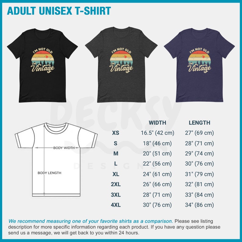May include: A black, gray, and blue unisex t-shirt with a vintage-style graphic that says "I'm not old, I'm vintage". The shirt is available in sizes XS to 4XL. The size chart shows the width and length of each size in inches and centimeters.