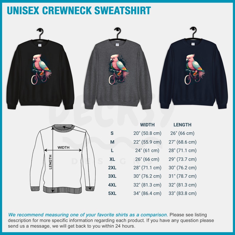 May include: Unisex crewneck sweatshirt with a pink cockatoo riding a bicycle graphic. The sweatshirt is available in black, heather grey, and navy blue. Size chart with width and length measurements in inches and centimeters.