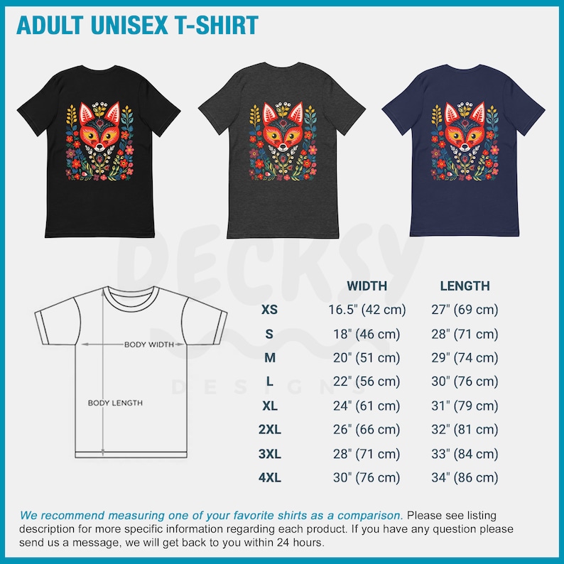 K&ouml;nnte beinhalten: Unisex-T-Shirt f&uuml;r Erwachsene mit einem farbenfrohen Fuchs-Design. Das T-Shirt ist in Schwarz, Grau meliert und Marineblau erh&auml;ltlich. Die Gr&ouml;&szlig;entabelle zeigt die Breite und L&auml;nge des T-Shirts in Zoll und Zentimetern.