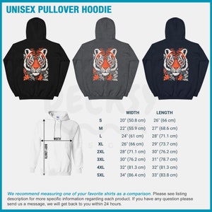 Puede incluir: Sudadera con capucha unisex con un gr&aacute;fico de tigre en la espalda. La sudadera est&aacute; disponible en negro, gris y blanco. La tabla de tallas muestra el ancho y la longitud de la sudadera en pulgadas y cent&iacute;metros.