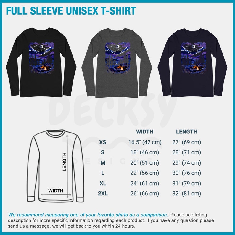 May include: A size chart for a long-sleeved unisex t-shirt with a graphic of a mountain scene with a campfire and a crescent moon. The chart shows the width and length measurements in inches and centimeters for sizes XS, S, M, L, XL, and 2XL.