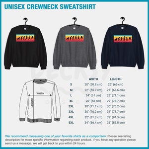 May include: Three unisex crewneck sweatshirts in black, charcoal gray, and navy blue. Each features a retro-style graphic of human evolution in a horizontal rectangular shape. The image also includes a size chart with measurements in inches and centimeters.