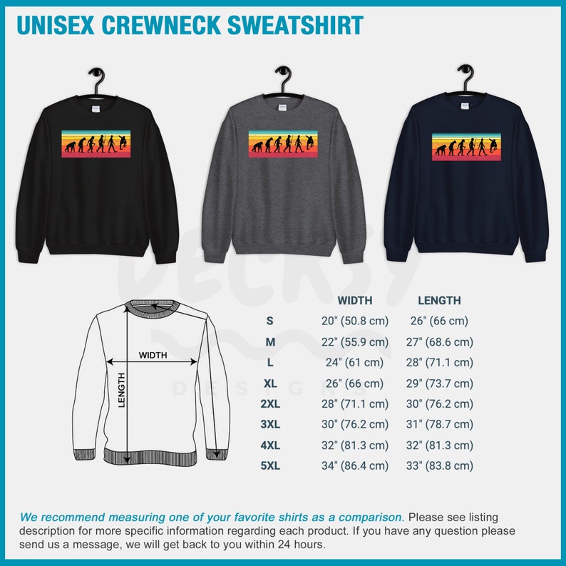 May include: Three unisex crewneck sweatshirts in black, charcoal gray, and navy blue. Each features a retro-style graphic of human evolution in a horizontal rectangular shape. The image also includes a size chart with measurements in inches and centimeters.
