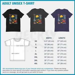May include: A unisex t-shirt with a camping scene graphic. The graphic features a tent, a campfire, trees, and a full moon. The t-shirt is available in black, heather grey, and navy blue. The size chart shows the width and length of the shirt in inches and centimeters.