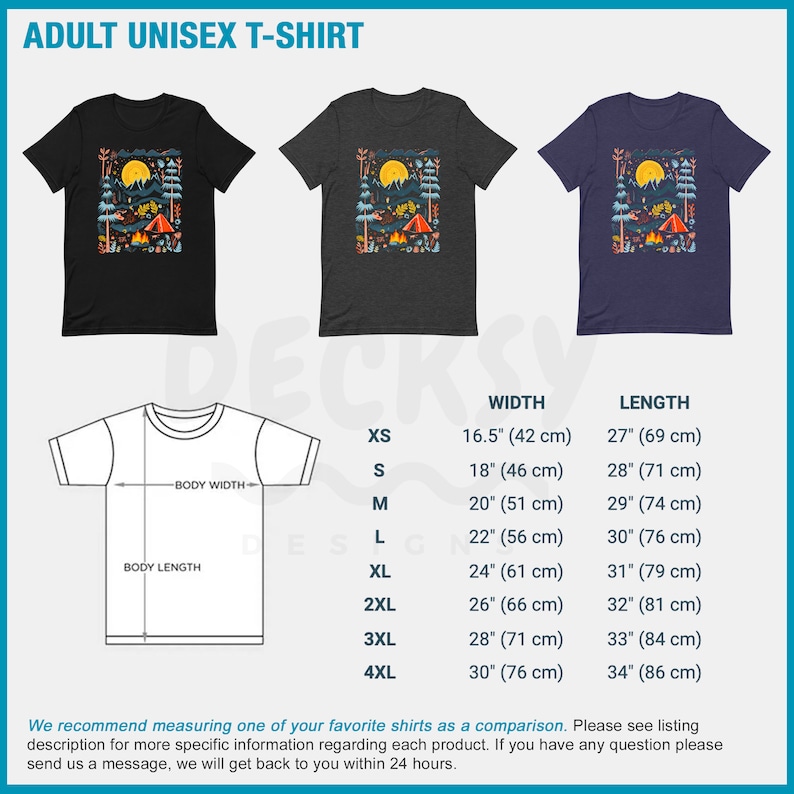 May include: A unisex t-shirt with a camping scene graphic. The graphic features a tent, a campfire, trees, and a full moon. The t-shirt is available in black, heather grey, and navy blue. The size chart shows the width and length of the shirt in inches and centimeters.