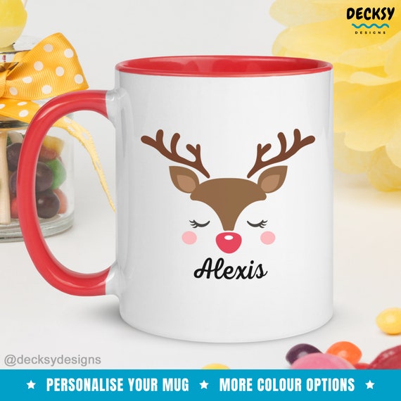 Cute Reindeer Mug, Custom Childrens Mug, Xmas Gift For Kids, Personalised Coffee Mugs, Christmas Eve Gift, Funny Festive  Secret Santa Gift
