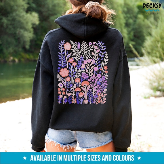 Floral Aesthetic Sweatshirt, Wildflowers Sweater, Flower Lover Gift, Botanical Crewneck Shirt, Cottagecore Clothing Nature Back Print Hoodie