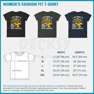 May include: A gray, navy blue, and white t-shirt with the text "I just want to play with my parrot and ignore all of my adult problems". The t-shirt is available in sizes S, M, L, XL, and 2XL. The t-shirt is shown on a white background with a size chart.