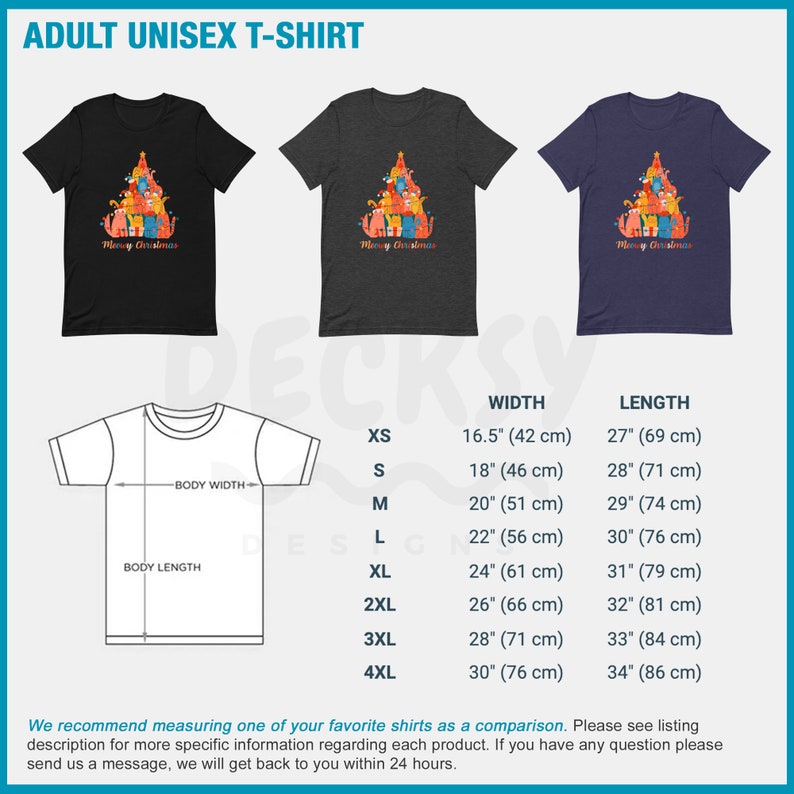 May include: A black, gray, and blue unisex t-shirt with a Christmas tree design featuring cats. The text "Merry Christmas" is printed on the shirt. The shirt is available in sizes XS to 4XL. The size chart shows the width and length of the shirt in inches and centimeters.