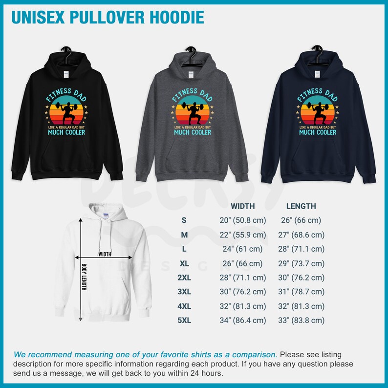 Puede incluir: Sudadera con capucha unisex con un estampado gr&aacute;fico de una persona levantando pesas con el texto "Fitness Dad Like a regular dad but much cooler". La sudadera est&aacute; disponible en negro, gris y azul marino. La tabla de tallas muestra el ancho y la longitud de la sudadera en pulgadas y cent&iacute;metros.