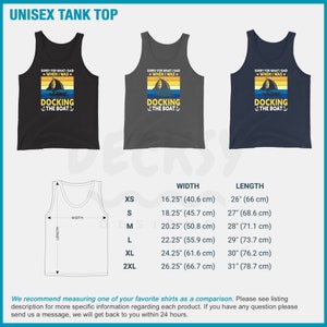 May include: A unisex tank top with a retro sunset graphic and the text "Sorry for what I said when I was docking the boat". The tank top is available in black, gray, and navy blue. Size chart with width and length measurements in inches and centimeters.