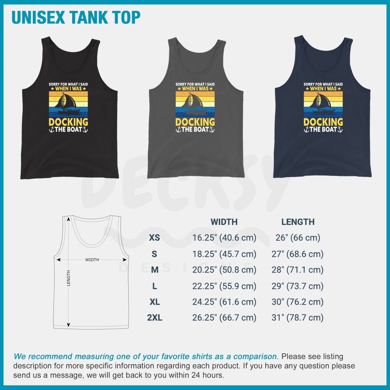 May include: A unisex tank top with a retro sunset graphic and the text "Sorry for what I said when I was docking the boat". The tank top is available in black, gray, and navy blue. Size chart with width and length measurements in inches and centimeters.