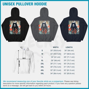 May include: Unisex pullover hoodie with a black bear and floral design. The hoodie is available in black, gray, and blue. Size chart shows width and length measurements in inches and centimeters.