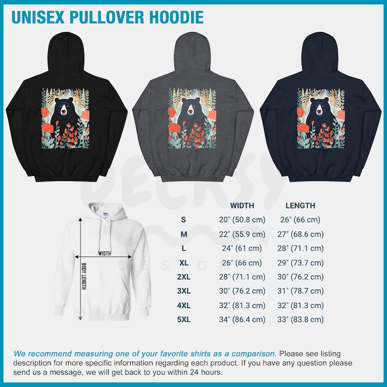 May include: Unisex pullover hoodie with a black bear and floral design. The hoodie is available in black, gray, and blue. Size chart shows width and length measurements in inches and centimeters.