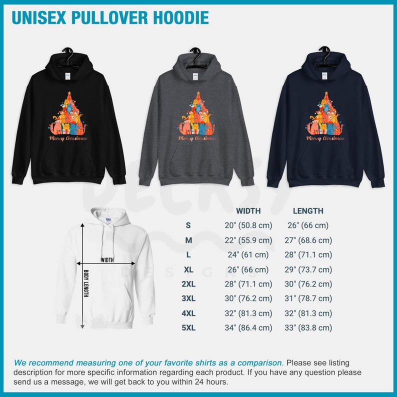 May include: A white, gray, and navy blue unisex pullover hoodie with a Christmas tree design featuring a cat family. The design includes the text "Merry Christmas". The hoodie is available in sizes S-5XL with measurements in inches and centimeters.
