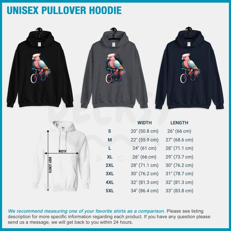 May include: Unisex pullover hoodie with a graphic of a pink cockatoo riding a bicycle. The hoodie is available in black, gray, and navy blue. Size chart with width and length measurements in inches and centimeters.