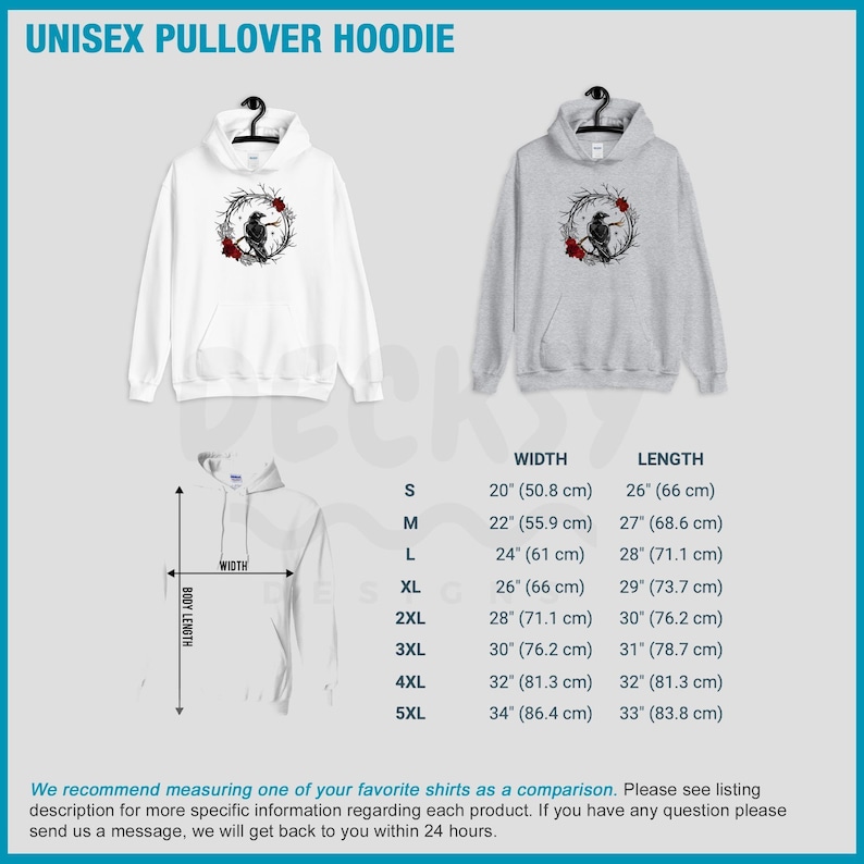 May include: White and gray unisex pullover hoodies with a crow and floral design. The hoodies have a drawstring hood and a front pocket. The image also includes a size chart with measurements in inches and centimeters.